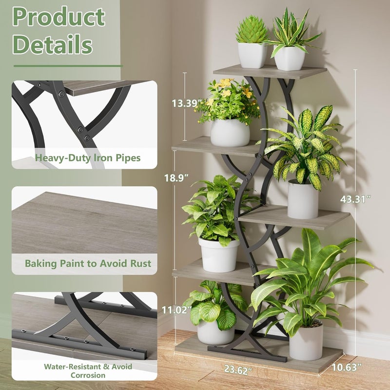 EVAWOO Plant Stand Indoor with Grow Lights - 44" Tall Corner Plant Stands for Indoor Plants, 5 Tiered Metal Plant Shelf, Curved Plant Flower Holder Dispaly Rack for Living Room, Home Patio Balcony (Gray) - Image 2