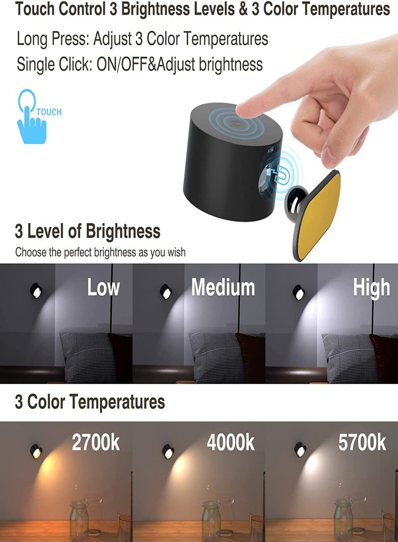 LED Sconces, Wall Mounted Lamps with Rechargeable Battery Operated USB Port 3 Color Temperatures & 3 Brightness Levels 360°Rotate Magnetic Ball, Cordless Lights for Reading Bedside - Image 4