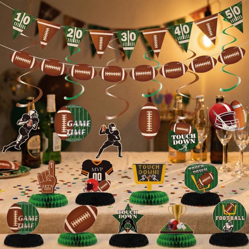 MABROUC 32PCS Football Party Decorations Kit, Tailgate & Football Birthday Party Game Day Supplies with Banner, Swirl Streamers, Honeycomb Table Centerpieces - Image 4