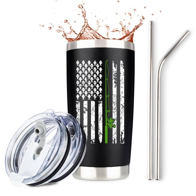 FISHING FOR MEN STAINLESS STEEL TRAVEL TUMBLERMUG WITH 2 LIDS AND 2 STRAWS FOR COFFEE OR COLD DRINKS FUNNY FLY FISHERMAN DECOR THEMED STUFF VALENTINES DAY GIFT 20 OUNCE