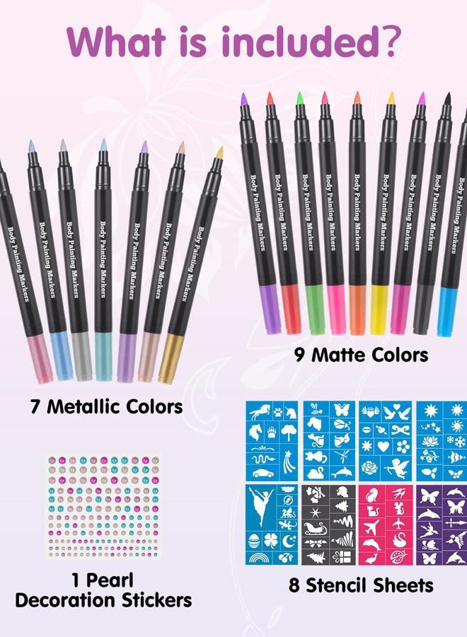 Lictin Temporary Tattoo Markers for Skin, 16 Colors Dual-End Skin Tattoo Pens with 80 Tattoo Stencils, Matte & Metallic Body Markers for Kids Teens and Adults, Flexible Brush Tip, Cosmetic-Grade - Image 2