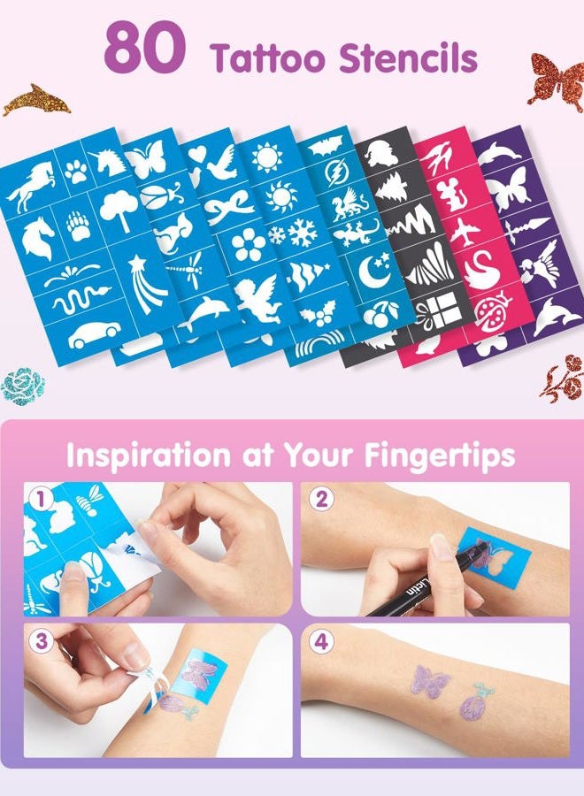 Lictin Temporary Tattoo Markers for Skin, 16 Colors Dual-End Skin Tattoo Pens with 80 Tattoo Stencils, Matte & Metallic Body Markers for Kids Teens and Adults, Flexible Brush Tip, Cosmetic-Grade - Image 5