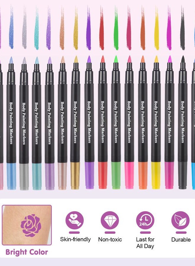 Lictin Temporary Tattoo Markers for Skin, 16 Colors Dual-End Skin Tattoo Pens with 80 Tattoo Stencils, Matte & Metallic Body Markers for Kids Teens and Adults, Flexible Brush Tip, Cosmetic-Grade - Image 4