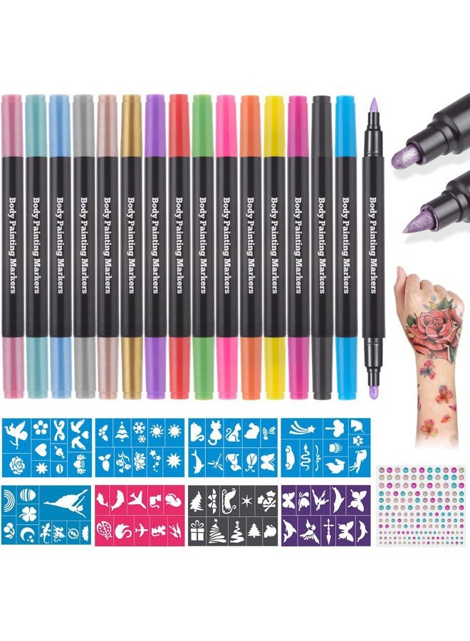 Lictin Temporary Tattoo Markers for Skin, 16 Colors Dual-End Skin Tattoo Pens with 80 Tattoo Stencils, Matte & Metallic Body Markers for Kids Teens and Adults, Flexible Brush Tip, Cosmetic-Grade - Image 1