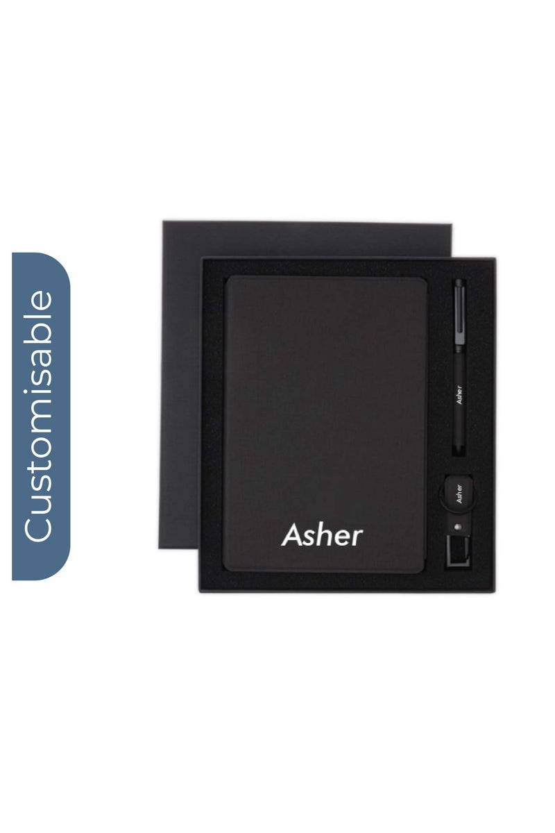 SANTHOME Personalised Sustainable Gift Set with Refillable Notebook, Pen & USB Keychain - Black - Image 1