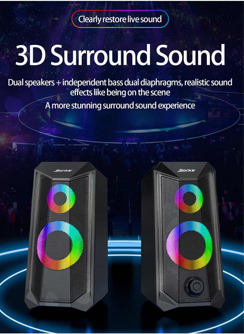 BONKS Desktop Speakers, 2.0 Channel PC Computer HiFi Stereo Gaming Speaker with Colorful LED Light Modes, Enhanced Bass and Easy-Access Volume Control, USB Powered with 3.5mm AUX-in  - Image 2