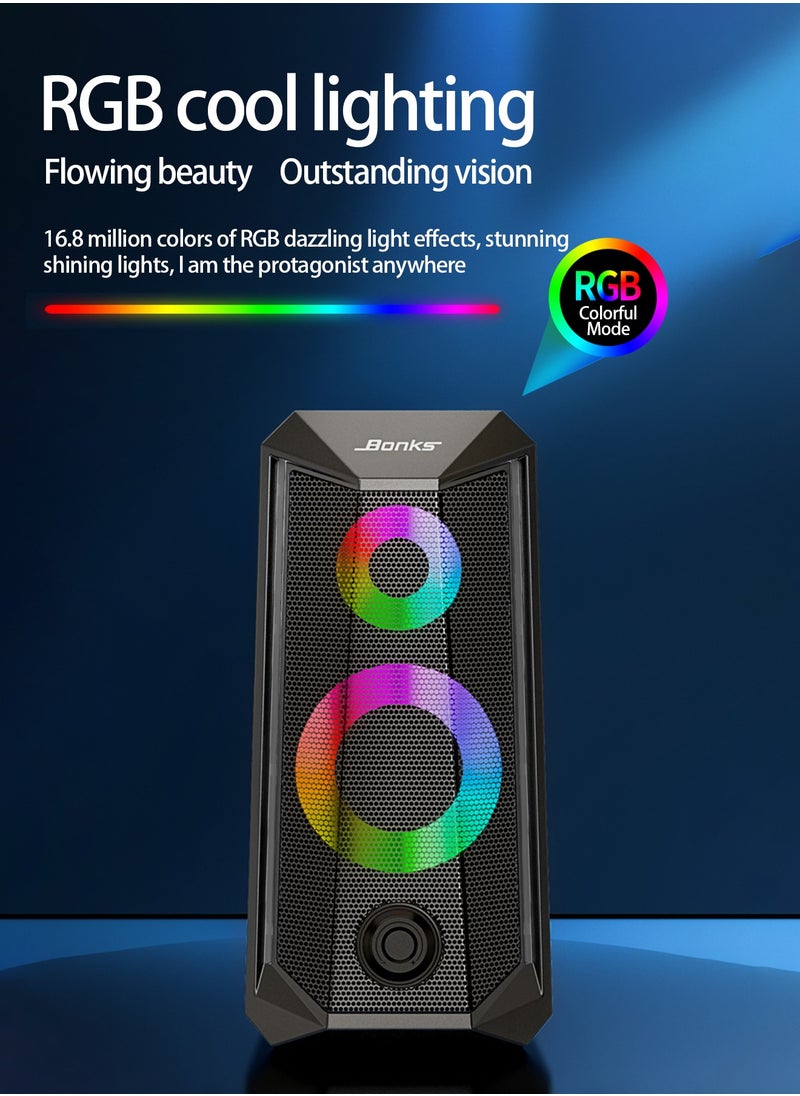 BONKS Desktop Speakers, 2.0 Channel PC Computer HiFi Stereo Gaming Speaker with Colorful LED Light Modes, Enhanced Bass and Easy-Access Volume Control, USB Powered with 3.5mm AUX-in  - Image 3