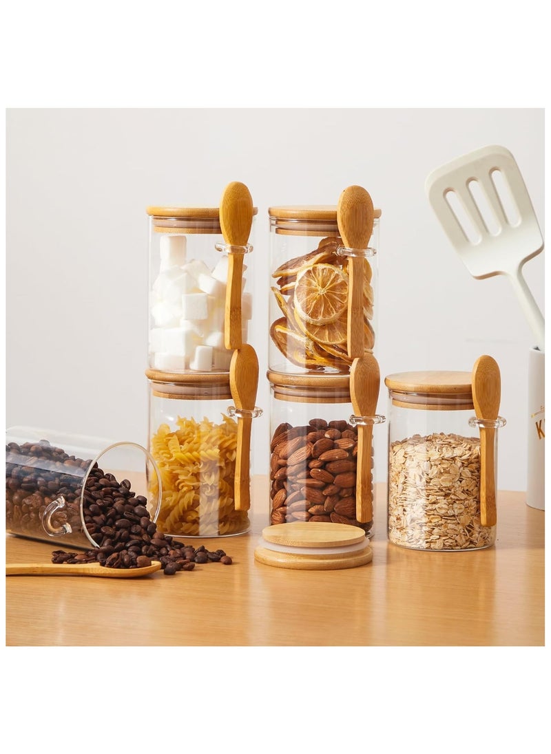 SKY-TOUCH - 6pcs Glass Jars with Bamboo Lids & Spoons 550ml Airtight Glass Spice Jars Clear Sugar Container Food Storage Containers for Coffee Beans Spice Sugar Tea Nuts Candy Salts - Image 1