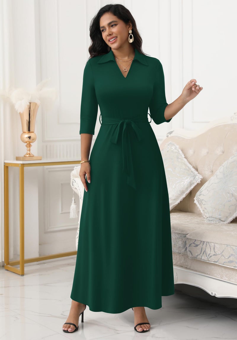 FANDEE Maxi Dresses for Women V Neck Casual A-line Dress 3/4 Sleeve Semi Formal Dress for Women Green L - Image 2