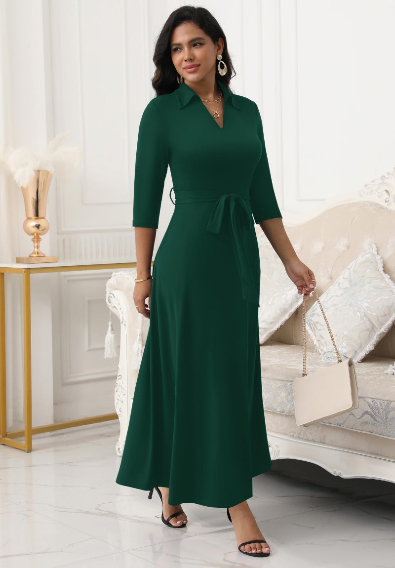 FANDEE Maxi Dresses for Women V Neck Casual A-line Dress 3/4 Sleeve Semi Formal Dress for Women Green L - Image 3