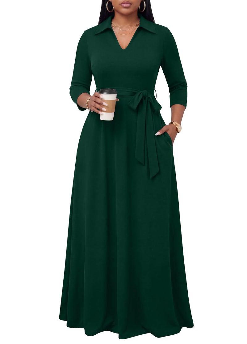 FANDEE Maxi Dresses for Women V Neck Casual A-line Dress 3/4 Sleeve Semi Formal Dress for Women Green L - Image 1