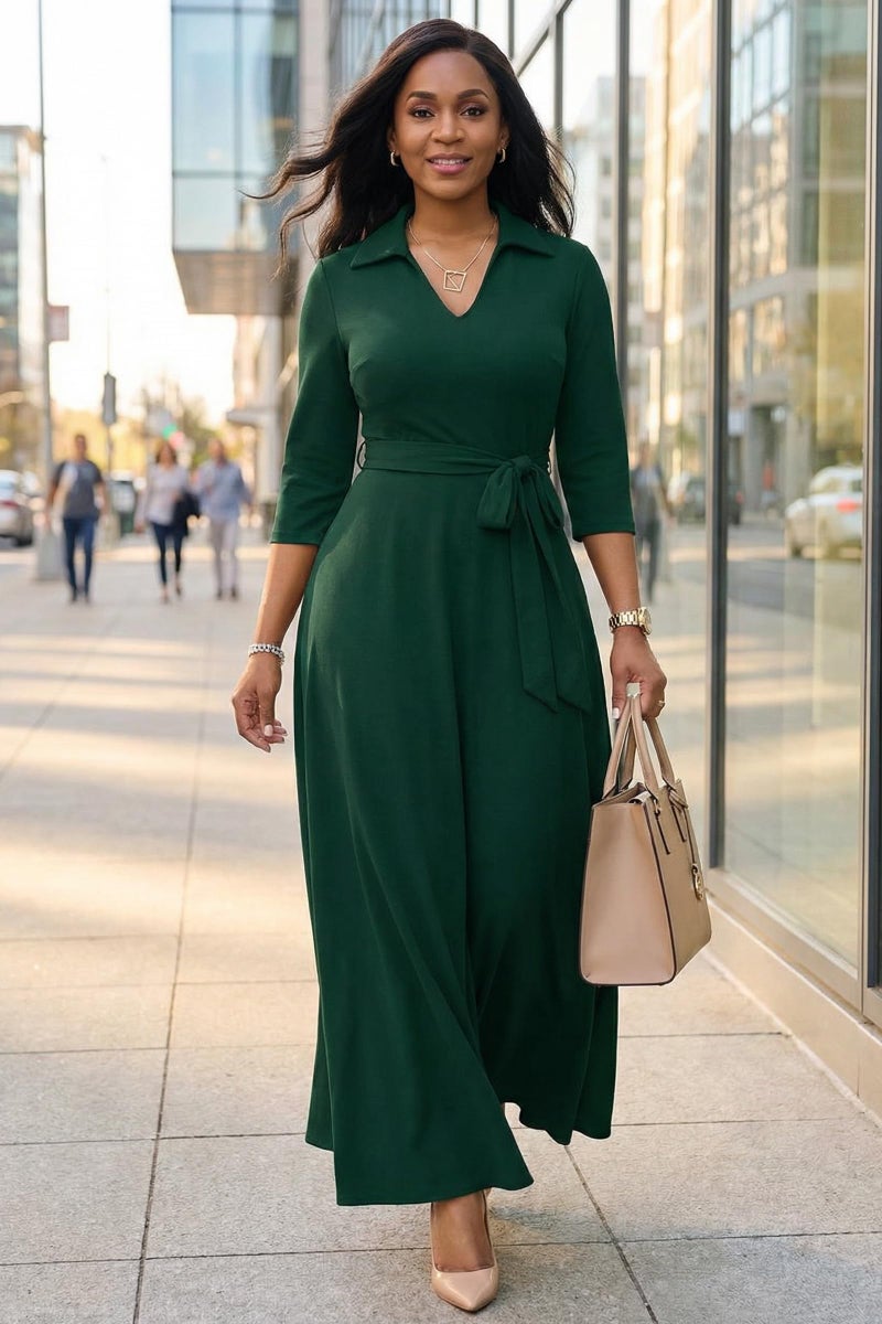 FANDEE Maxi Dresses for Women V Neck Casual A-line Dress 3/4 Sleeve Semi Formal Dress for Women Green L - Image 5