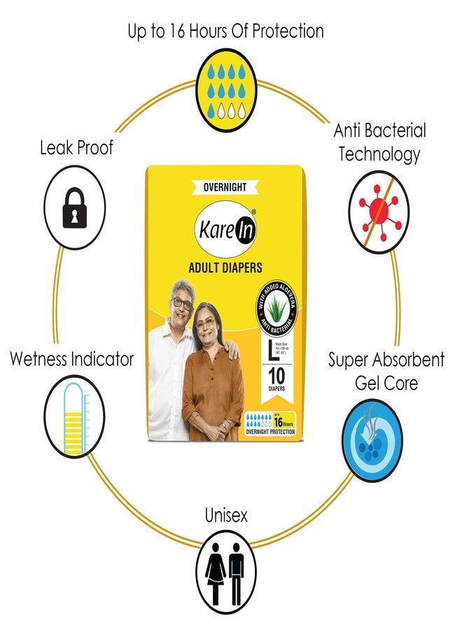 KareIn Overnight Adult Diapers, Large, Waist Size 101-139 Cm (40"-55"), 10 Count, Tape Style, High Absorbency, Odour Free,With Aloe Vera Lotion, Anti-Bacterial, ADL, Leak Proof, Pack of 2 - Image 4