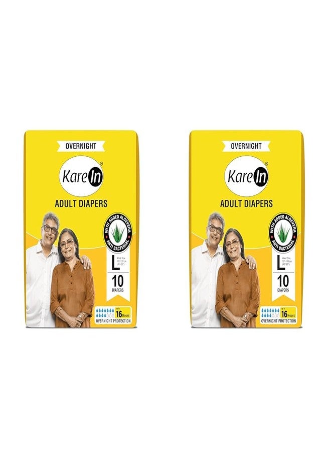 KareIn Overnight Adult Diapers, Large, Waist Size 101-139 Cm (40"-55"), 10 Count, Tape Style, High Absorbency, Odour Free,With Aloe Vera Lotion, Anti-Bacterial, ADL, Leak Proof, Pack of 2