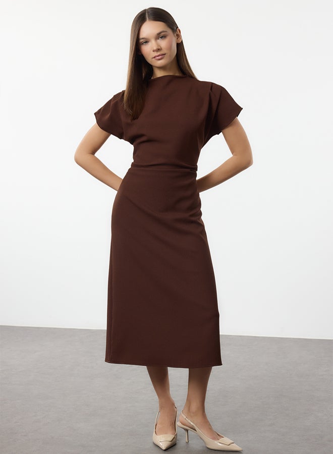 trendyol Brown A-Line Cowl Neck Midi Crepe Woven Dress - Image 2