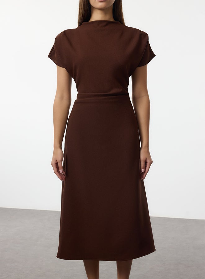 trendyol Brown A-Line Cowl Neck Midi Crepe Woven Dress - Image 3