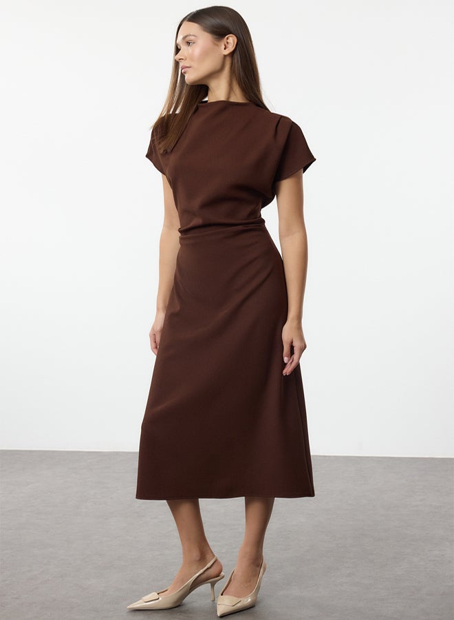 trendyol Brown A-Line Cowl Neck Midi Crepe Woven Dress - Image 1