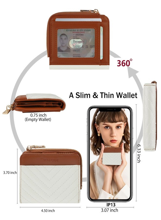 Sunpour Small Bifold Wallets Woman RFID Mini Wallet for Women Slim Card Holder with Zipper Coin Pocket & 2 ID Windows (Beige&Brown) - Image 2