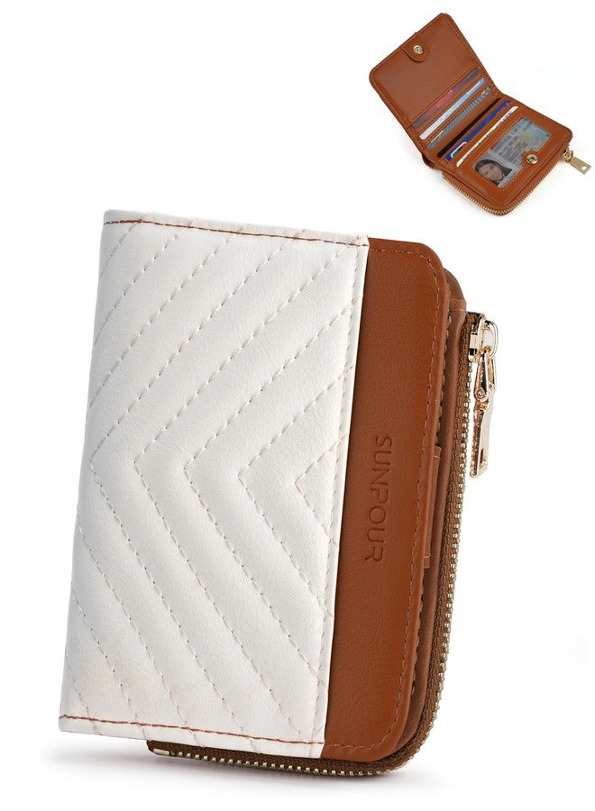Sunpour Small Bifold Wallets Woman RFID Mini Wallet for Women Slim Card Holder with Zipper Coin Pocket & 2 ID Windows (Beige&Brown) - Image 1