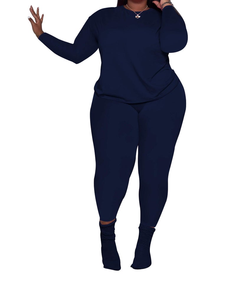 PINSV Women's Plus Size 2 Piece Outfits Tracksuits Long Sleeve Top Pants Sets Loungewear Sweatsuits Navy Blue 3XL - Image 1