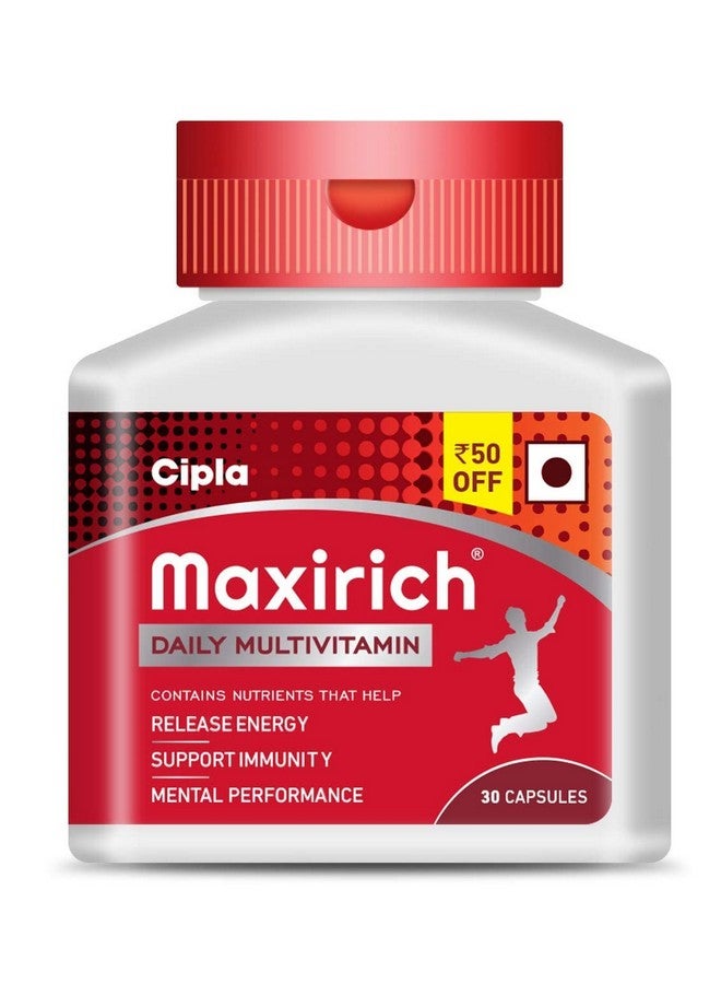 Cipla Maxirich Daily Multivitamin (30 Capsules) For Men & Women With Essential Nutrients, Vitamins, Minerals, Anti-oxidants For Building Immunity & Energy (Bottle Pack) - Image 1