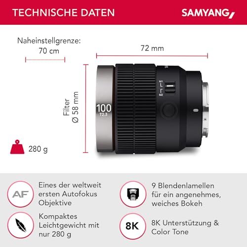 Samyang V-Af 100 Mm T2.3 Fe for Sony E, Video Lens, Auto Focus Lens, Cine Lens 8K Support, Custom Switch and Button - Black - Image 3