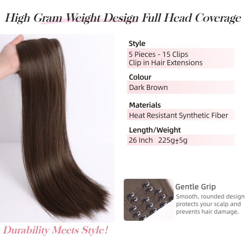 StrRid Dark Brown Clip in Hair Extensions 26 Inch Invisible Long Synthetic Extension 5PCS Straight Fake Heat Resistant Clips on Hairpieces for Women Girls Weddings Party Daily Use Full Head 8.1 Oz - Image 2