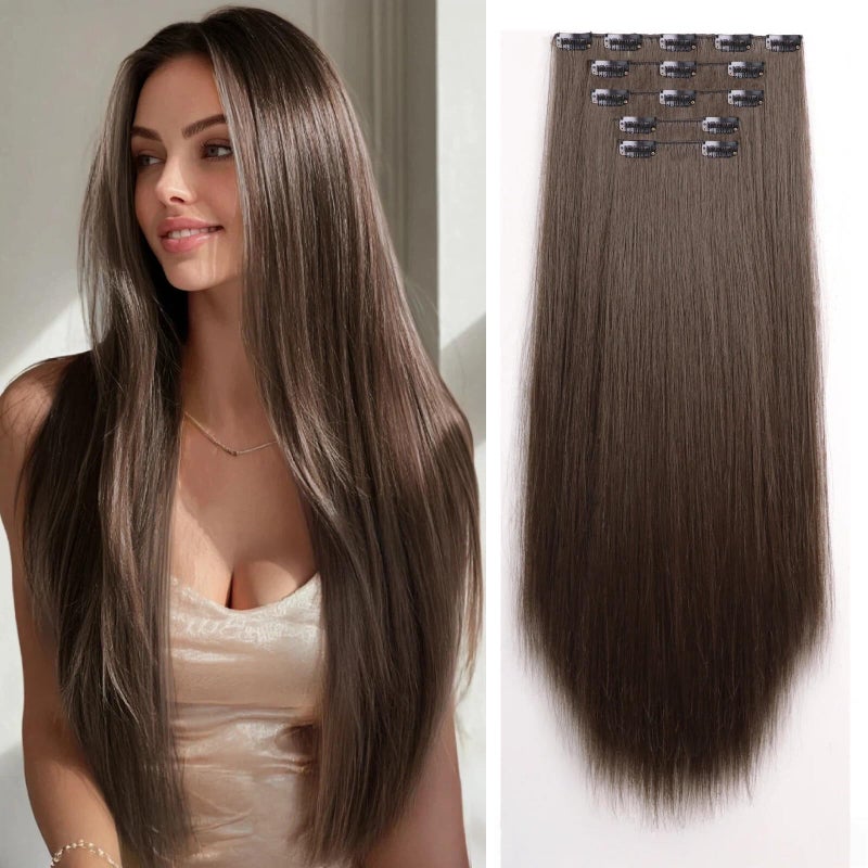 StrRid Dark Brown Clip in Hair Extensions 26 Inch Invisible Long Synthetic Extension 5PCS Straight Fake Heat Resistant Clips on Hairpieces for Women Girls Weddings Party Daily Use Full Head 8.1 Oz - Image 1