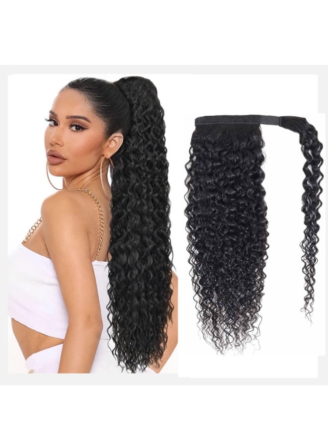 Seelaak Long 22 Inch Hair Ponytail Wrap Around Kinky Curly Thick Brazilian Human Hair Extensions Jerry Curl Clip ins Silky Hair Pieces Heat Resistant Curly Natural Black for Black Women22 inch - Image 2