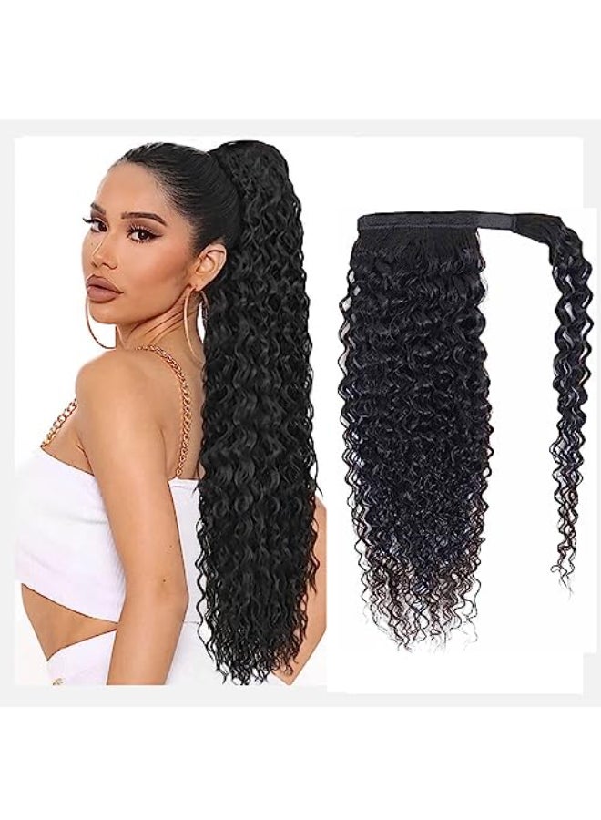 Seelaak Long 22 Inch Hair Ponytail Wrap Around Kinky Curly Thick Brazilian Human Hair Extensions Jerry Curl Clip ins Silky Hair Pieces Heat Resistant Curly Natural Black for Black Women22 inch - Image 1