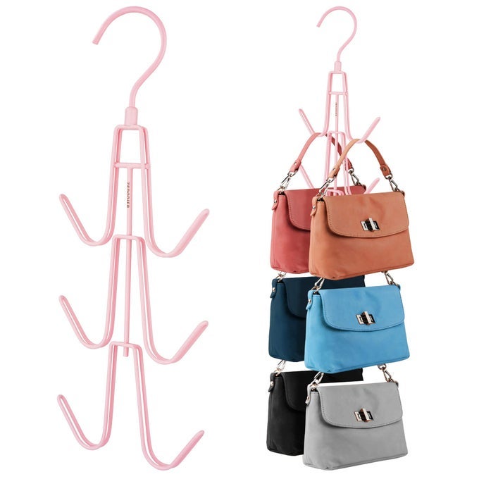 PURSE HANGER ORGANIZER FOR CLOSET 2 PACK HANGING BAG HOLDER KEEPING PURSES VISIBLE AND IN GOOD CONDITION METAL HANDBAG STORAGE HOOK BACKPACK RACK SPACE SAVING HANGER PINK