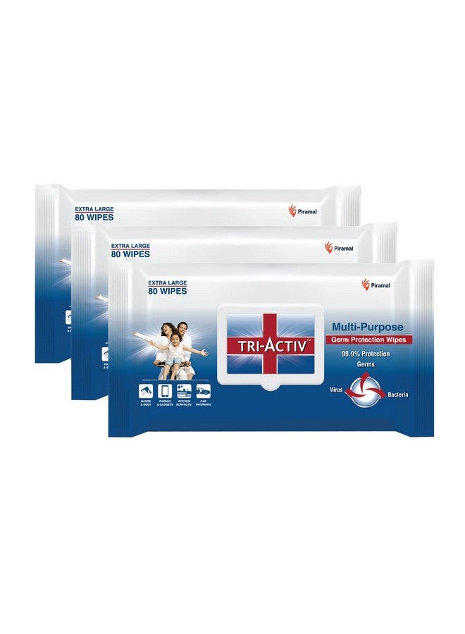 Tri-Activ Multi-Purpose Germ Protection Wipes | Disinfectant Wipes | Wet Wipes for Cleaning | Safe on Skin | Cleans appliances | Enriched with Aloe vera | 33% Extra Large 80 Wipes Lid pack | Pack of 3 - Image 1