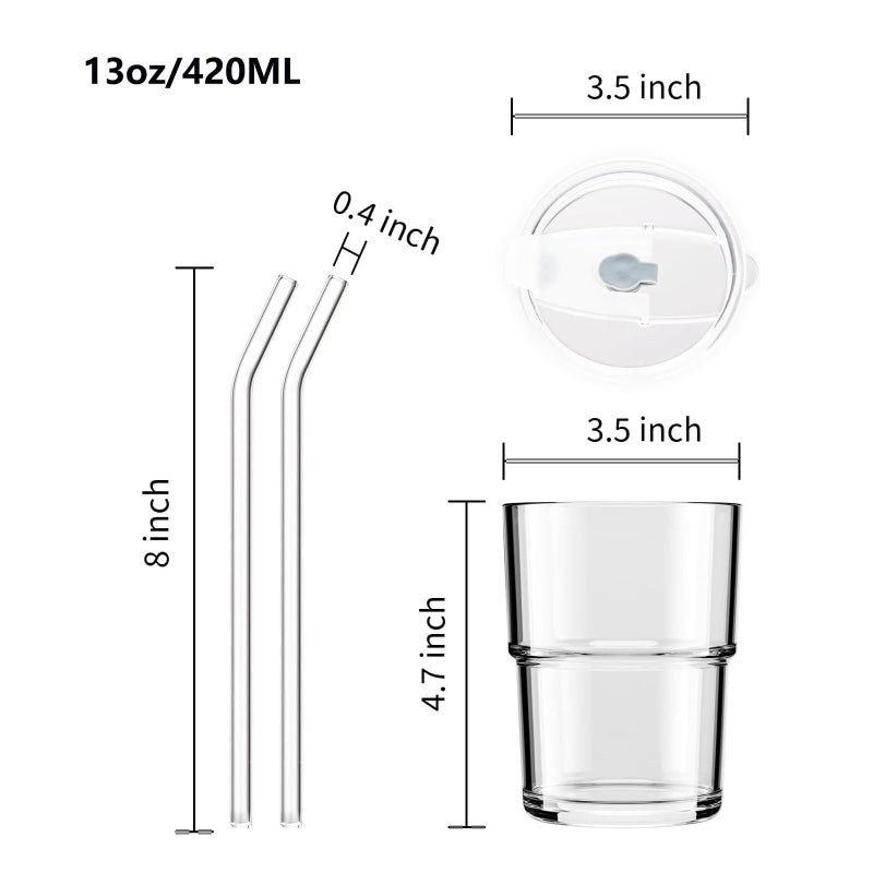 MINGHYZYA 13oz Glass Tumbler with Straw and Lid Sealed, Carry On Reusable Iced Coffee Cups,Thick Wall Glass Coffee Drinking Glassware Cups - Image 3