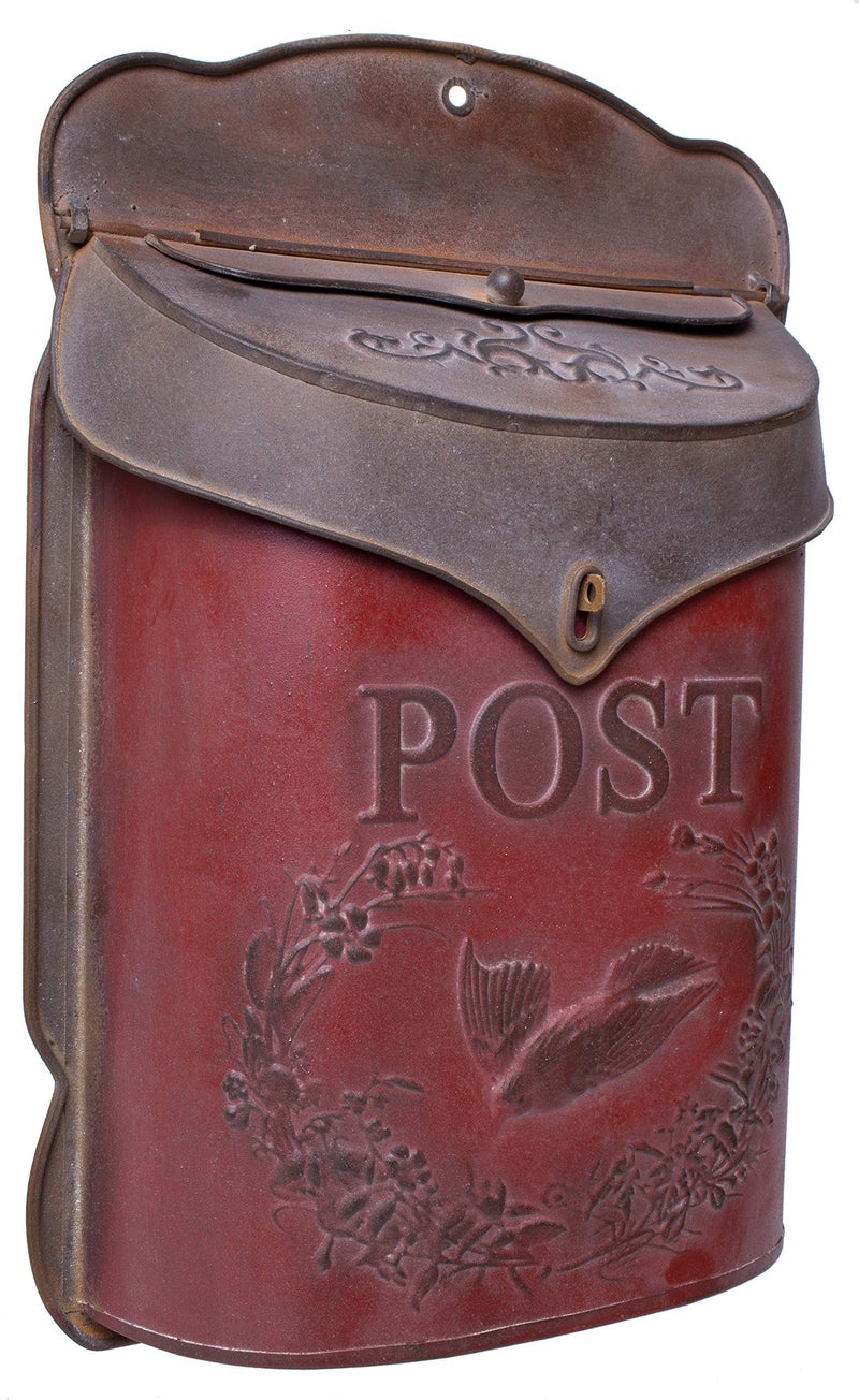 Red Co. 10.5â€ x 15.5â€ Shabby Chic Wall-Mounted Post Embossed Aged Metal Mailbox, Rusted Red - Image 1