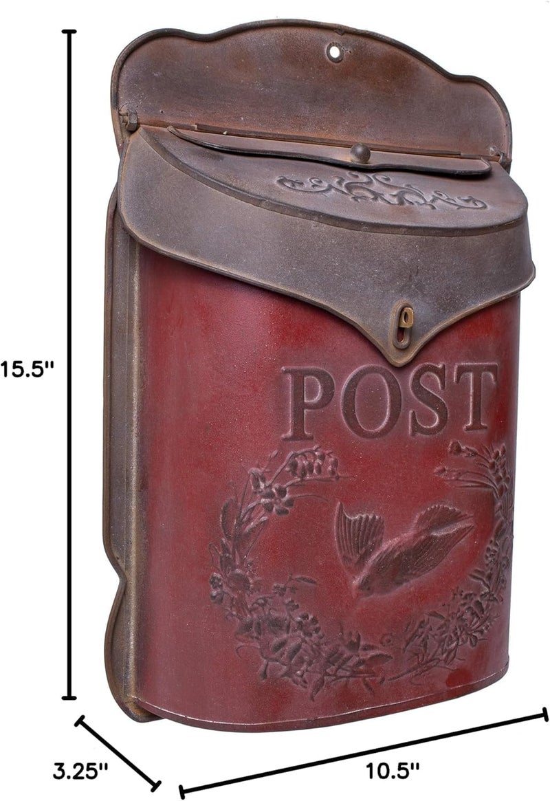 Red Co. 10.5â€ x 15.5â€ Shabby Chic Wall-Mounted Post Embossed Aged Metal Mailbox, Rusted Red - Image 3
