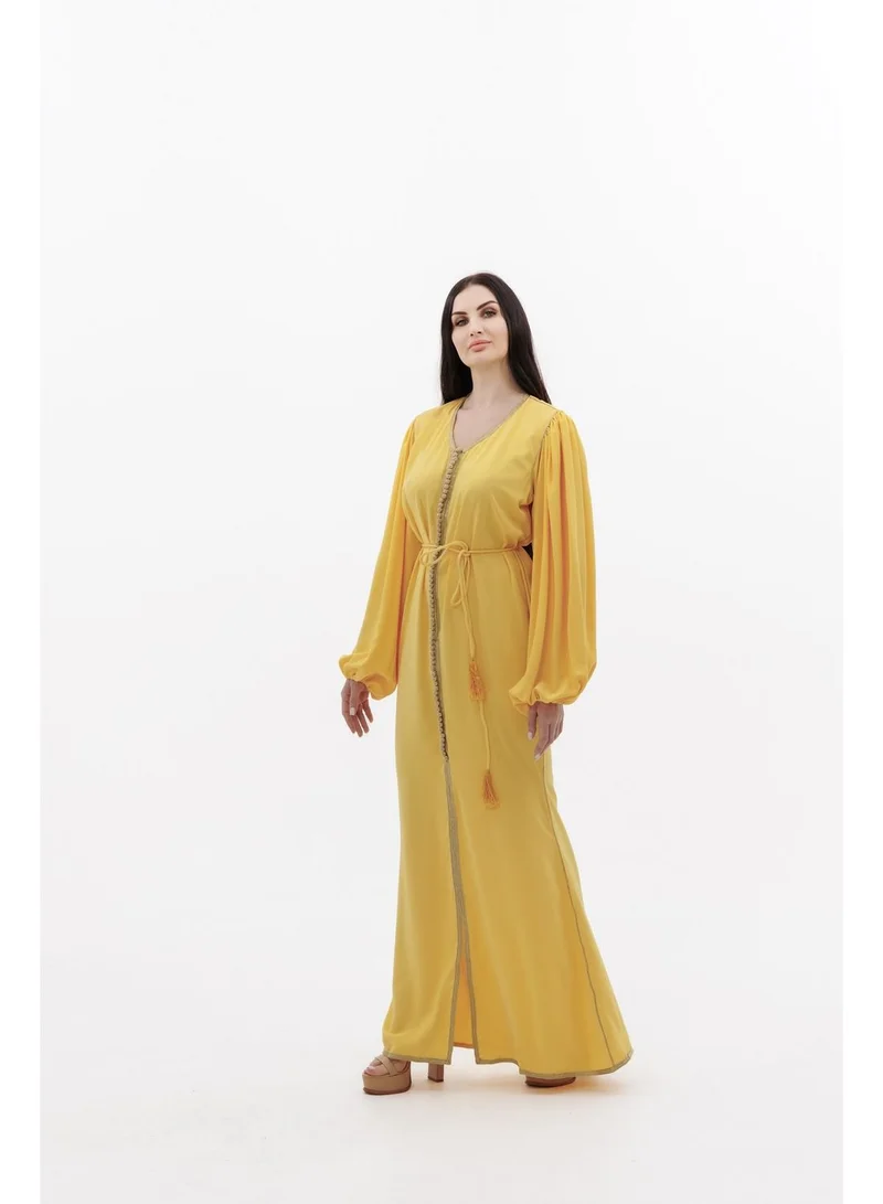 HANA & SARA SIMPLE POLYESTER SOLID YELLOW COLOUR ARABIC KAFTAN JALABIYA DRESS