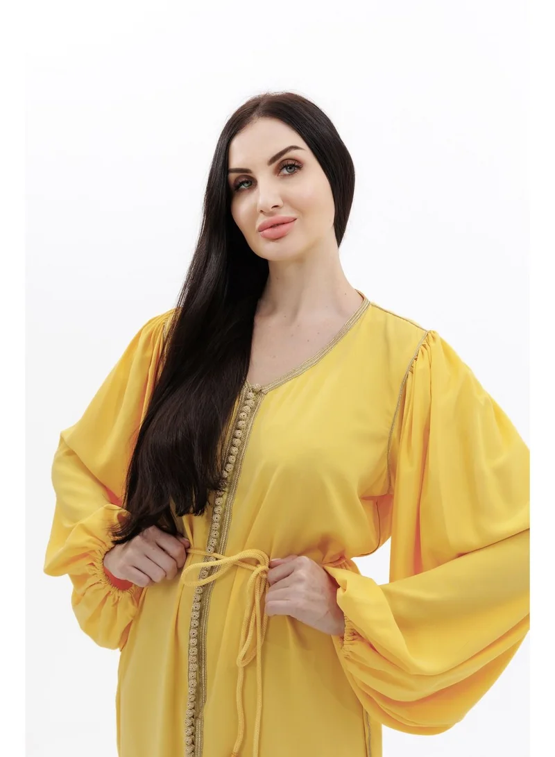 HANA & SARA SIMPLE POLYESTER SOLID YELLOW COLOUR ARABIC KAFTAN JALABIYA DRESS