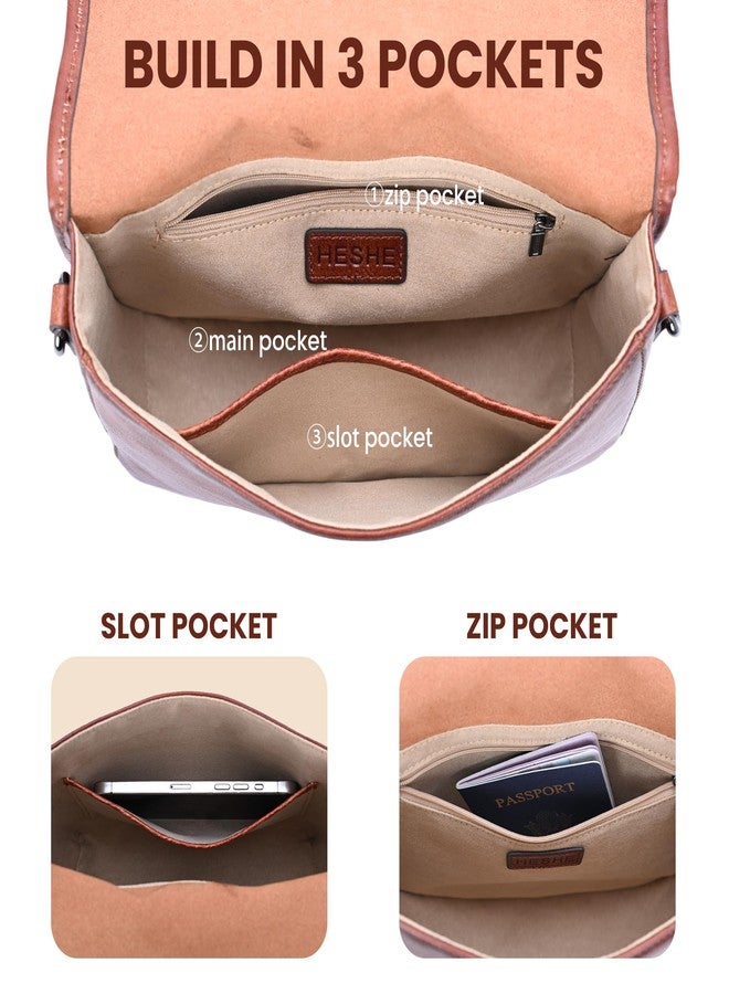 HESHE Geuinue Leather Purses for Women Crossbody Bags Shoulder Handbag Vintage Flap Saddle Purse Travel Cross Body Bag Hobo Satchel with Pockets(Brown) - Image 5