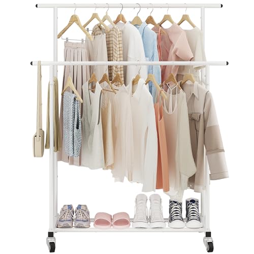 Calmootey Double Rod Clothing Garment Rack,Rolling Hanging Clothes Rack,Portable Clothes Organizer for Bedroom,Living Room,Clothing Store,White - Image 2