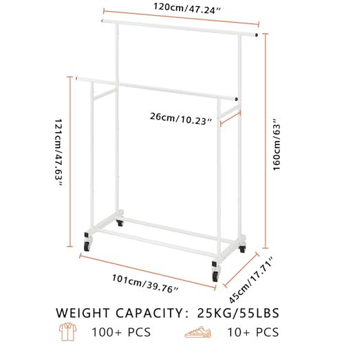 Calmootey Double Rod Clothing Garment Rack,Rolling Hanging Clothes Rack,Portable Clothes Organizer for Bedroom,Living Room,Clothing Store,White - Image 3