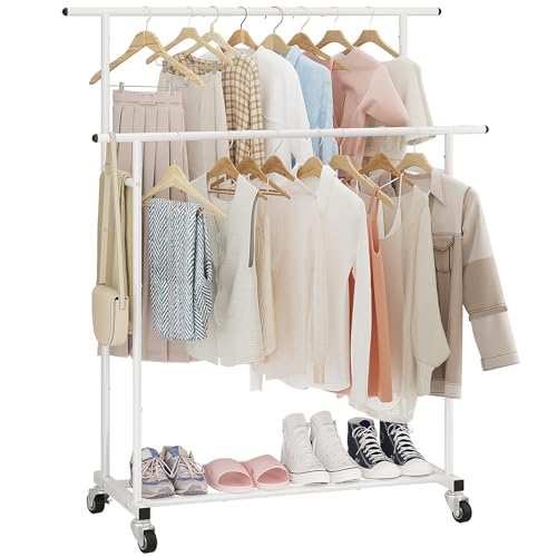 Calmootey Double Rod Clothing Garment Rack,Rolling Hanging Clothes Rack,Portable Clothes Organizer for Bedroom,Living Room,Clothing Store,White - Image 1