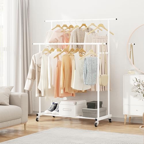 Calmootey Double Rod Clothing Garment Rack,Rolling Hanging Clothes Rack,Portable Clothes Organizer for Bedroom,Living Room,Clothing Store,White - Image 5