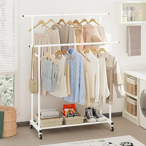 Calmootey Double Rod Clothing Garment Rack,Rolling Hanging Clothes Rack,Portable Clothes Organizer for Bedroom,Living Room,Clothing Store,White - Image 4