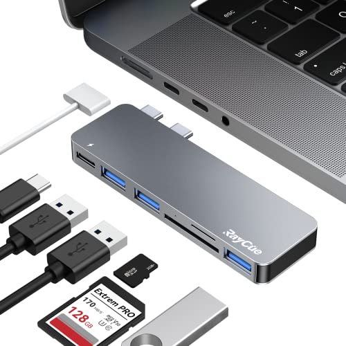 RayCue USB C Hub Adapters for MacBook Pro/MacBook Air M1 M2 M3 2023 2022 2021 2020 2019 13" 14" 15" 16", 6-in-2 Multiport MacBook Adapter with Thunderbolt 3, 3 USB 3.0 Ports, SD/TF Card Reader - Image 1