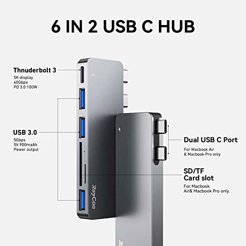 RayCue USB C Hub Adapters for MacBook Pro/MacBook Air M1 M2 M3 2023 2022 2021 2020 2019 13" 14" 15" 16", 6-in-2 Multiport MacBook Adapter with Thunderbolt 3, 3 USB 3.0 Ports, SD/TF Card Reader - Image 2