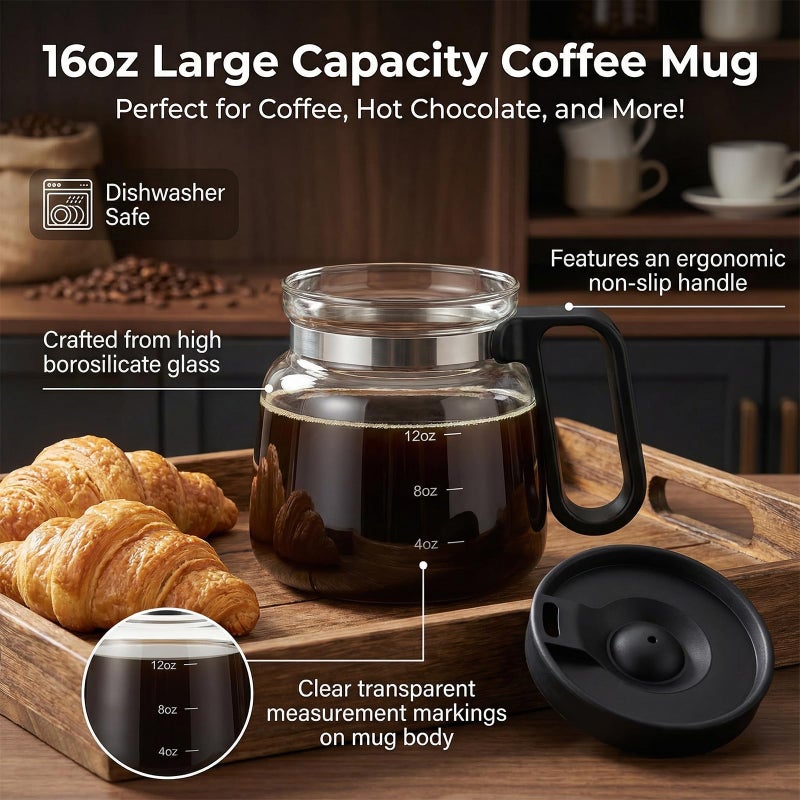 Bohodiy Coffee Pot Mug with Lid,16 Oz Glass Mini Coffee Cup | Spill Proof Heatproof Large Capacity Clear Travel Mug & Novelty Gift for Coffee Lovers & Office Desk (Coffee Pot-1 PCS) - Image 2