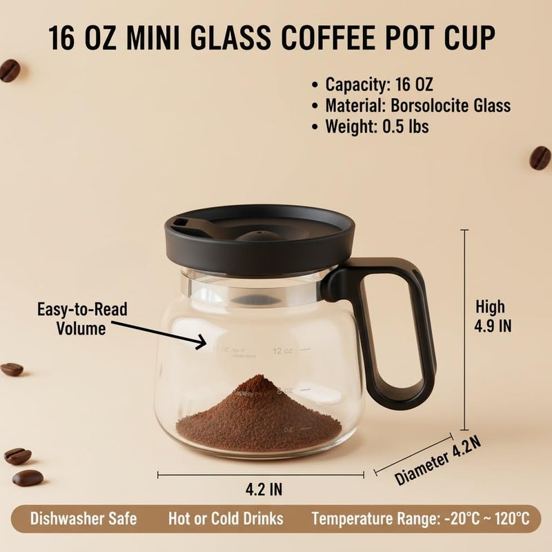 Bohodiy Coffee Pot Mug with Lid,16 Oz Glass Mini Coffee Cup | Spill Proof Heatproof Large Capacity Clear Travel Mug & Novelty Gift for Coffee Lovers & Office Desk (Coffee Pot-1 PCS) - Image 4