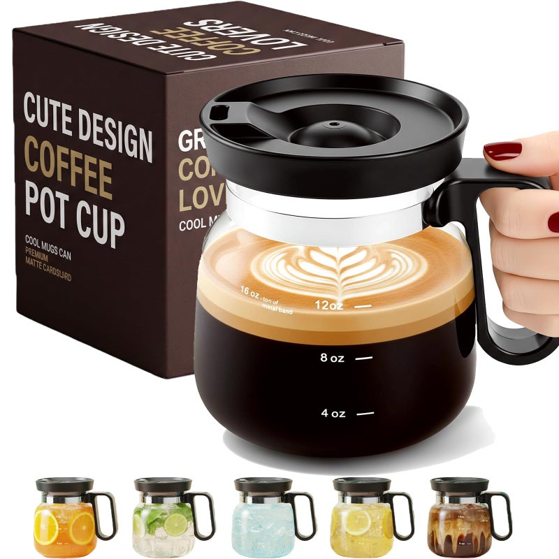 Bohodiy Coffee Pot Mug with Lid,16 Oz Glass Mini Coffee Cup | Spill Proof Heatproof Large Capacity Clear Travel Mug & Novelty Gift for Coffee Lovers & Office Desk (Coffee Pot-1 PCS) - Image 1