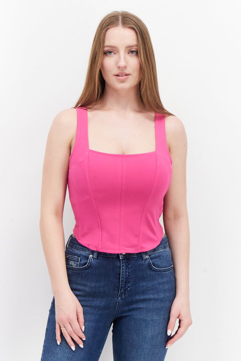 royalty Women Square Neck Sleeveless Plain Crop Tops, Pink - Image 1