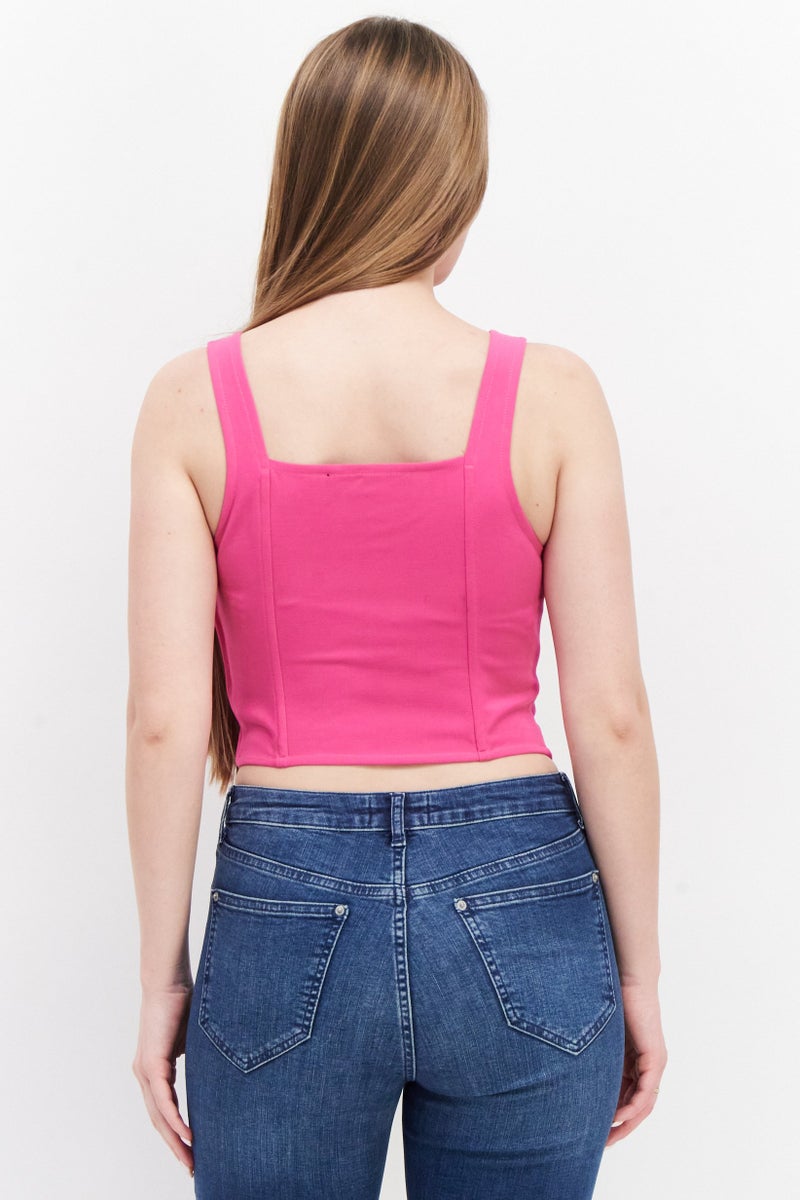 royalty Women Square Neck Sleeveless Plain Crop Tops, Pink - Image 4